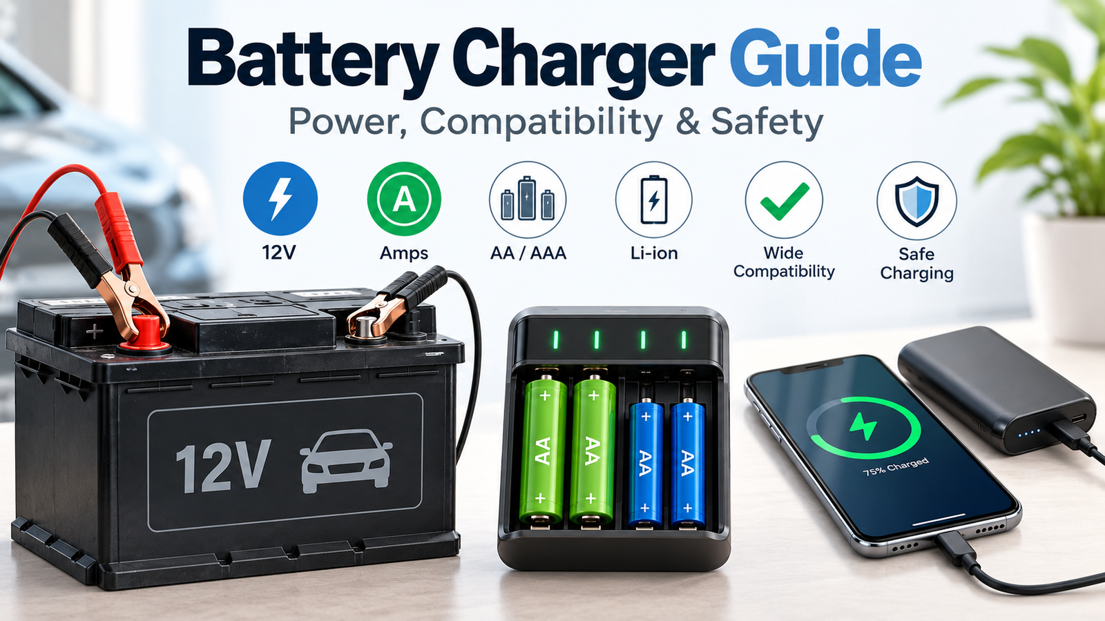 Battery Charger Guide showing a 12V car battery charger, AA and AAA rechargeable battery charger, lithium-ion charging, power compatibility and safety features. Is this conversation helpful so far?